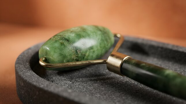 Green jade facial roller on stone tray, natural skincare tool for massage, luxury beauty accessory for spa and wellness