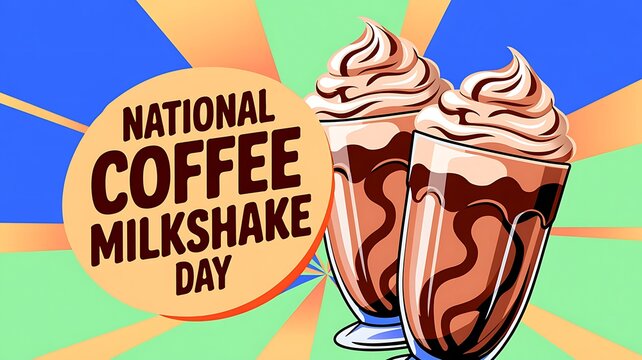 National coffee milkshake day promotional poster template featuring tall glasses with whipped cream topping, beverage