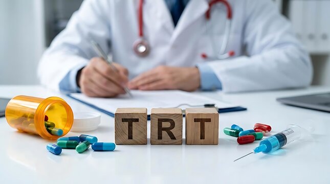 Doctor writing with TRT blocks and medication