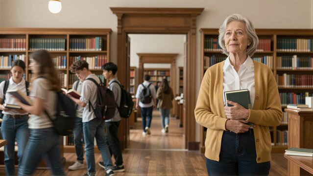 Senior woman in library, holding books, surrounded by young students studying.