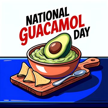 National guacamole day bowl of guacamole avocado tortilla chips wooden board spoon vector food illustration