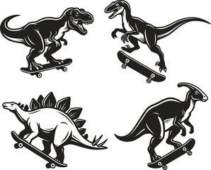 Creative black and white vector illustration of dinosaurs riding skateboards, featuring T‑Rex, Velociraptor, Stegosaurus, and Parasaurolophus in dynamic humorous poses for modern artwork © Khadiza