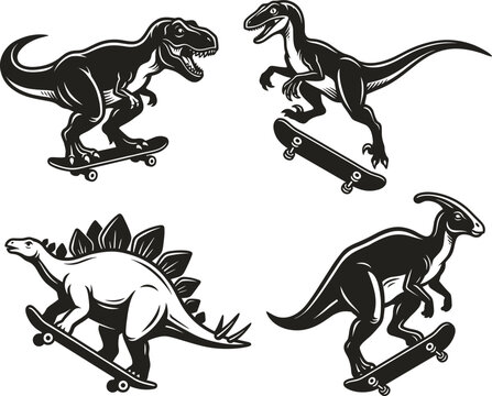 Creative black and white vector illustration of dinosaurs riding skateboards, featuring T‑Rex, Velociraptor, Stegosaurus, and Parasaurolophus in dynamic humorous poses for modern artwork