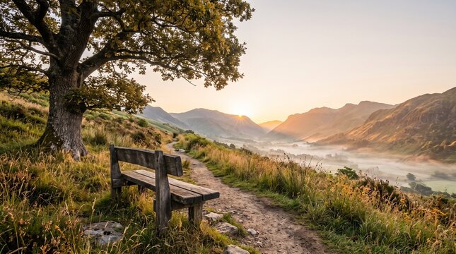A weathered wooden bench sits invitingly on a winding path, offering a serene vantage point to admire a breathtaking mountain landscape at sunrise.