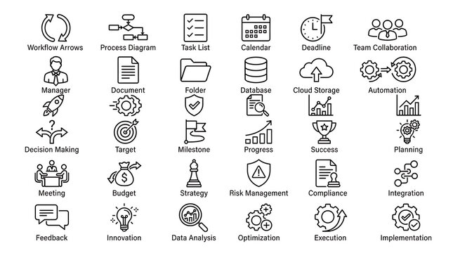 Matrix of linear business icons showcasing calendar, tasks, collaboration, risk management, integration, and optimization.