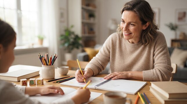 A caring mother patiently guides her child through homework at a wooden table, fostering a nurturing environment for learning and growth.