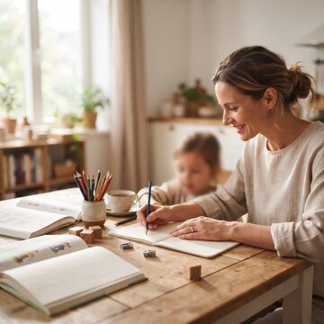 A smiling woman diligently works on her notebook at a wooden table, with a child blurred in the background, creating a warm and focused atmosphere of learning and home productivity.