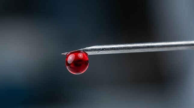 Macro Close Up of Red Fluid Droplet on Fine Metal Point Symbolizing Medical Fluid or Infection Risk extreme macro close up red ballpoint pen tip ink droplet copy space concept needle blood infection
