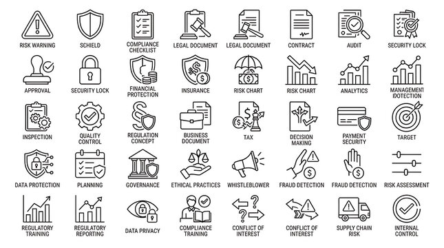 Risk and compliance line icons set illustrating corporate governance and security protocols.