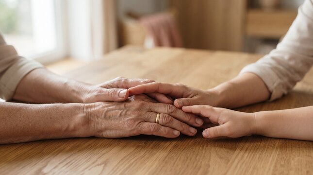 A close-up shot of intergenerational hands, representing a deep connection and unconditional love, gently rest on a wooden table.