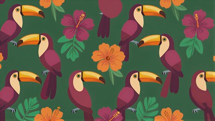 Naklejka premium Toucans and tropical flowers in vibrant, repeating pattern on green background.