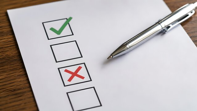 Silver pen lying on a printed document with green checkmark and red cross in checkboxes representing evaluation survey and quality control