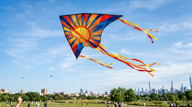 Vibrant sun-shaped kite soaring high in the bright blue sky above a park and cityscape