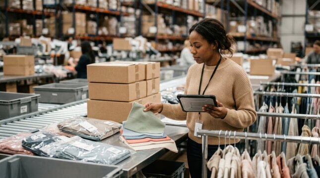Fashion operations manager in a fulfillment center reviewing garment racks, RFID apparel bags, tablet, shipping cartons, and fabric swatches.