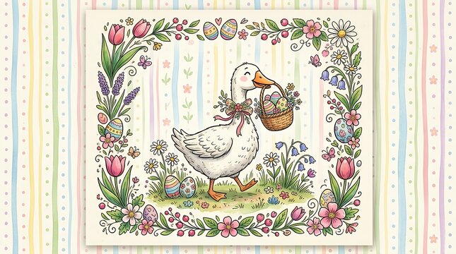 Easter Greeting Card Goose Floral Bow Whimsical Border Frame Striped Pattern Doodle Hand Drawn Style Background easter card greeting card goose illustration spring flowers decorative bow whimsical