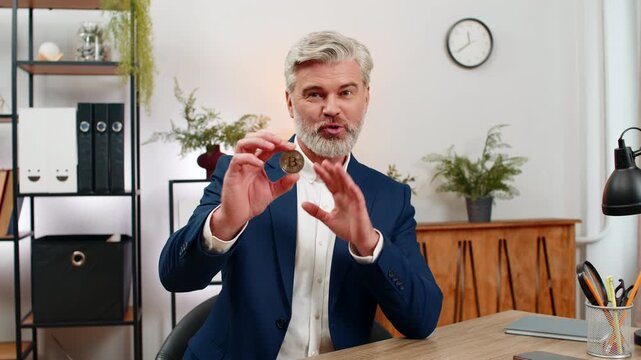 Middle-aged businessman at home office shows bitcoin coin to camera sharing investment potential. Freelancer guy at table gestures upward confident inviting viewers toward cryptocurrency opportunity.