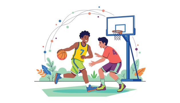 Basketball players match game tournament court dribble hoop uniform outdoor sports training flat vector illustration concept design