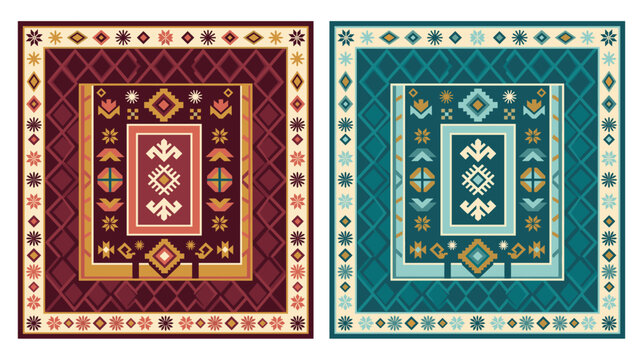 Set of two moroccan traditional carpets with folk patterns in different colors.