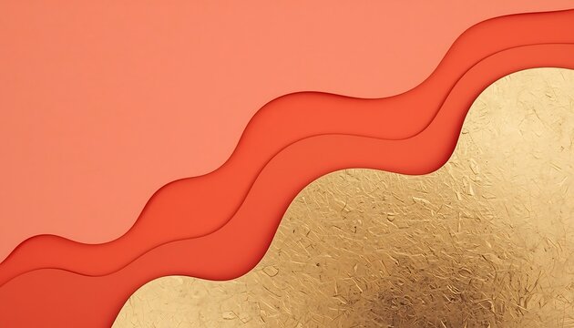 Abstract wavy layers of coral pink and shimmering gold paper create a textured background for design.
