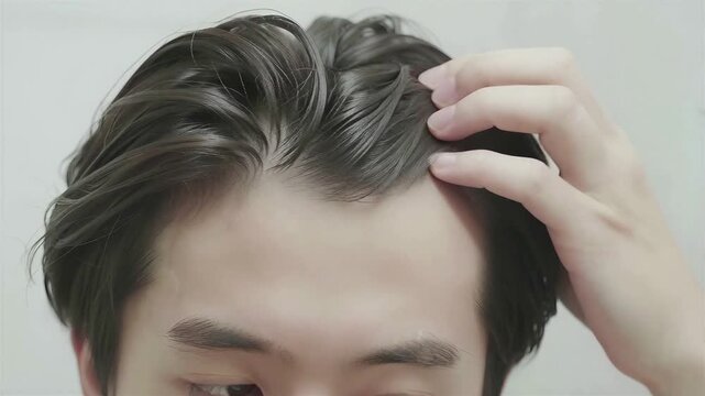 Japanese Young Man parting hair to check thinning hairline in mirror, 4K, Seamless loop, Close up shot