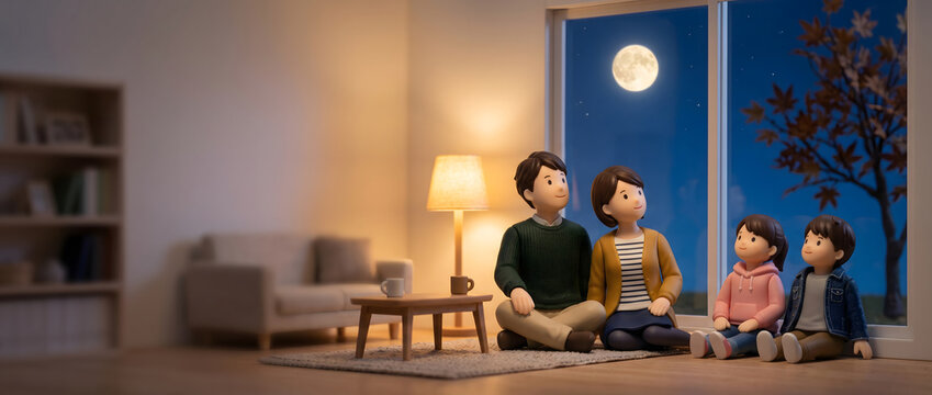 秋の夜長に温かい部屋の窓辺から大きな満月を穏やかに眺める仲良し4人家族の3Dイラスト
