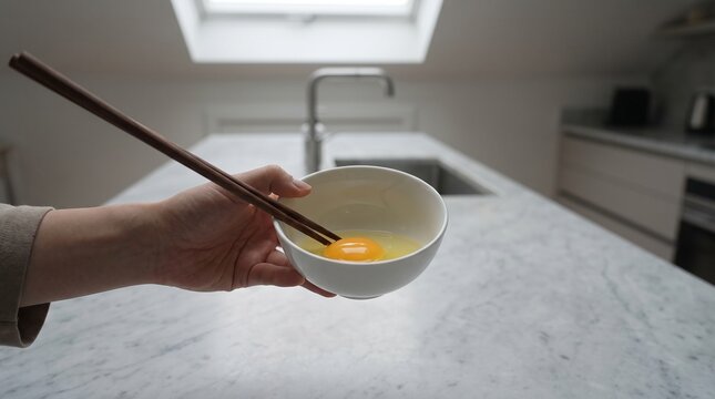 Person using wooden chopsticks to beat a raw egg in a white bowl in a modern kitchen