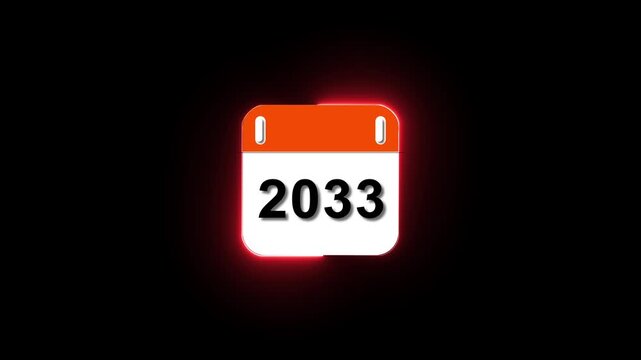 2033 calendar year with glowing red neon border isolated on black background, date