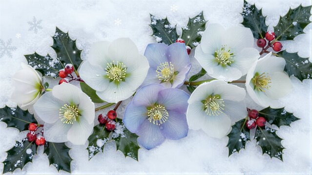 Snowy winter scene with white and purple flowers, holly leaves, red berries.