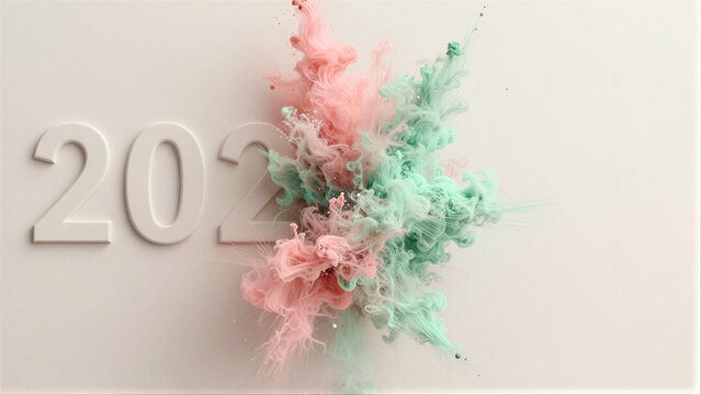 Pastel ink swirls explode beside embossed "202" on minimalist white background.
