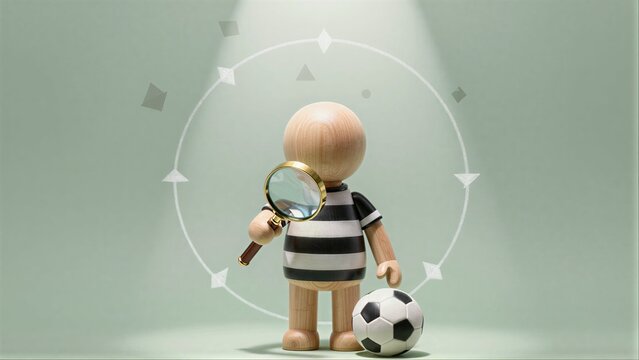 Wooden figure holds magnifying glass and soccer ball, examining network diagram.