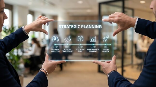 Professional Business Colleagues Collaborating on a Digital Interface Focused on Strategic Planning and Long Term Corporate Growth Objectives