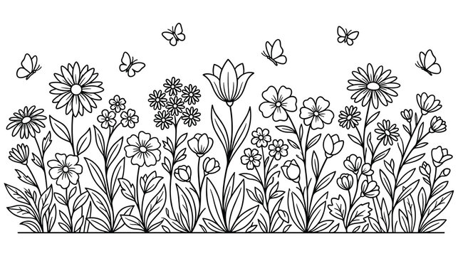Outline spring summer flower garden with butterflies for coloring book.