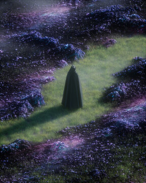 Mysterious hooded traveler on a grassy path through an alien purple landscape and glowing fog