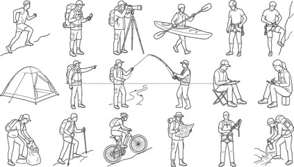 Naklejka premium Outdoor Adventure Activities Line Art Collection with Hiking Camping Fishing Cycling and Kayaking