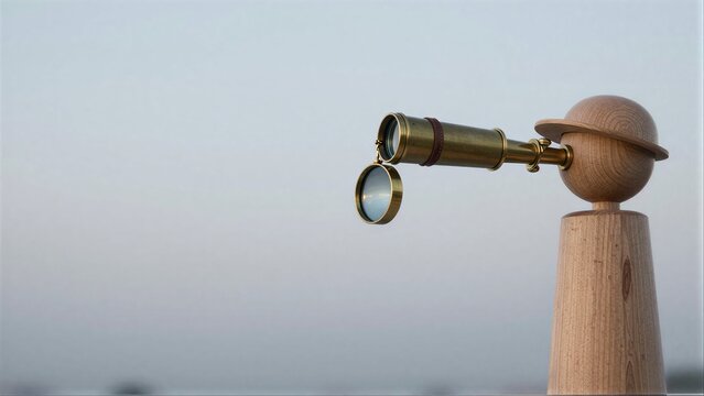 Wooden figure holds brass telescope, symbolizing exploration and discovery.