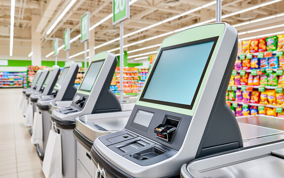 Modern self checkout kiosks in a bright supermarket aisle. Automated retail payment stations beside colorful snack shelves in a clean grocery