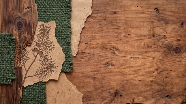 Rustic Wood Background with Torn Paper and Pine Illustration
