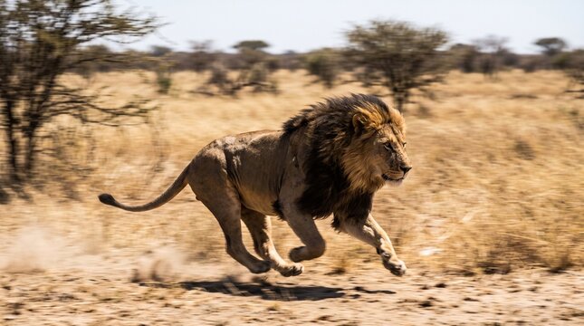 Male Lion Running Fast Across African Savanna