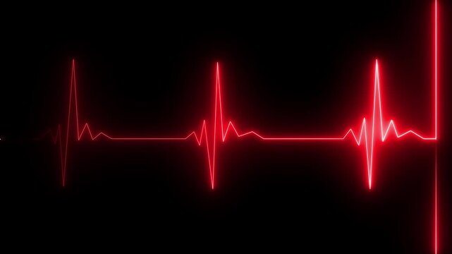 Glowing neon red color heartbeat rate and pulse line with grid, loop motion animate footage. neon heartbeat line animation. ECG Heartbeat Line.electrocardiogram line on a dark grid background heart