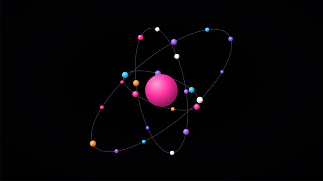 3d render of an atom model with a large central nucleus and multiple orbiting electrons on elliptical paths against a dark background