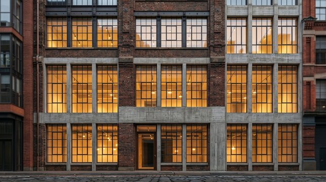 Industrial Style Commercial Building Facade with Illuminated Windows