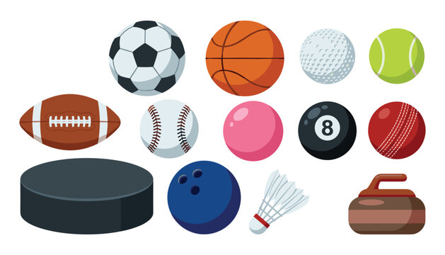 Sports balls vector icon set collection with soccer basketball american football equipment isolated on white background for athletic design