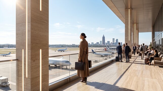 Businesswoman Standing on Airport Terrace Overlooking Runway and City