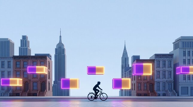 Cyclist Riding Through Futuristic Smart City with Glowing Neon Cubes