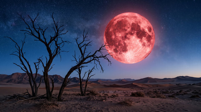 Gigantic crimson blood moon hanging over desert dunes and dead trees for surreal night scene.