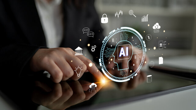 The role of AI in FinTech and modern business. A concept of using artificial intelligence for banking, investment, and data analysis solutions. Motif