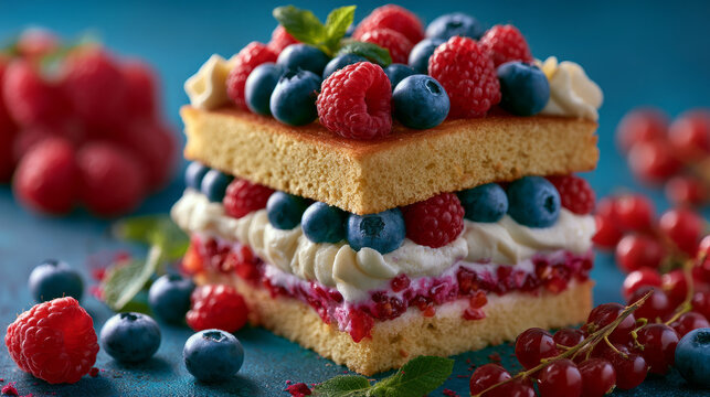Tempting multi layered berry cake adorned with fresh raspberries and blueberries set against a bright blue backdrop