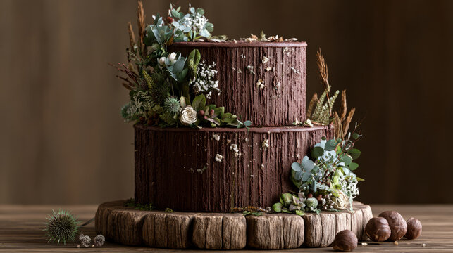 Elegant two tiered chocolate cake decorated with fresh greenery and edible flowers for a rustic celebration