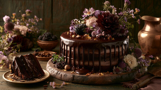 Indulgent chocolate cake adorned with fresh berries and beautiful edible flowers on a charming wooden table