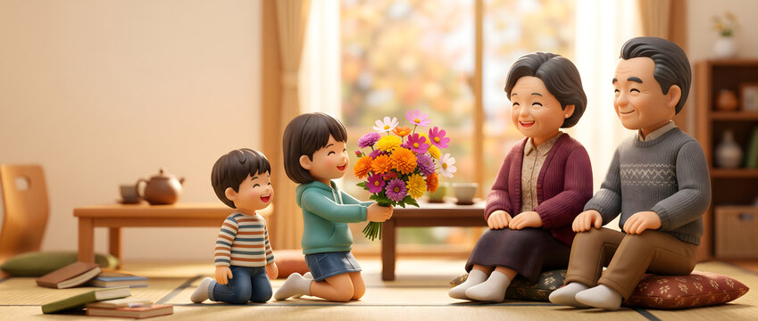 敬老の日に祖父母へ花束をプレゼントする笑顔の孫たちと温かい和室のCGイラスト
